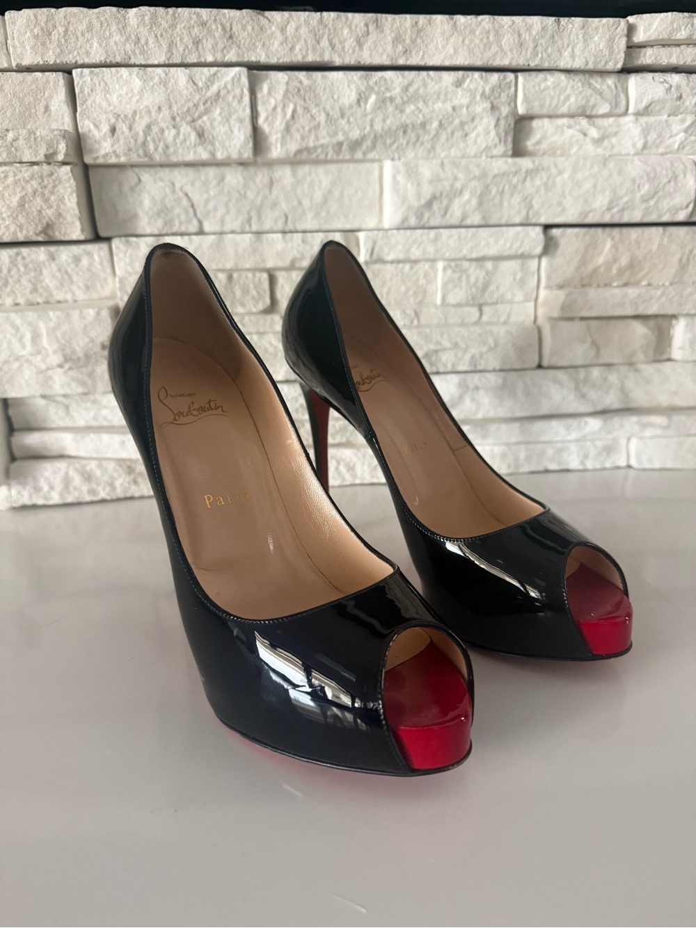 Christian Louboutin Black Patent Peep-Toe Pumps with Red Platform